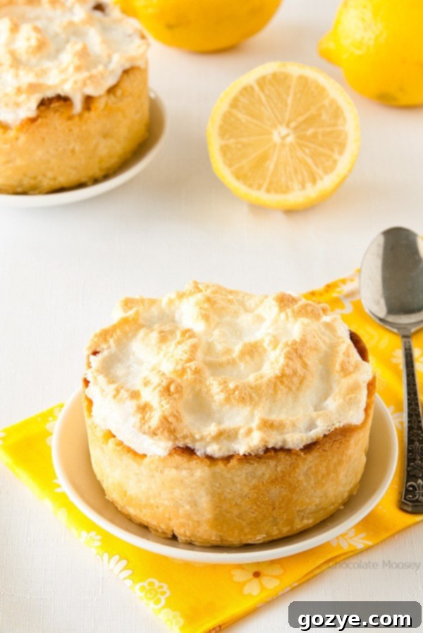 Whole mini lemon meringue pie, perfectly golden and fluffy meringue, on a white plate.