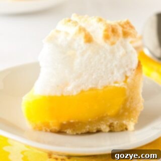 Close up of a mini lemon meringue pie slice, featuring the creamy filling and toasted meringue.