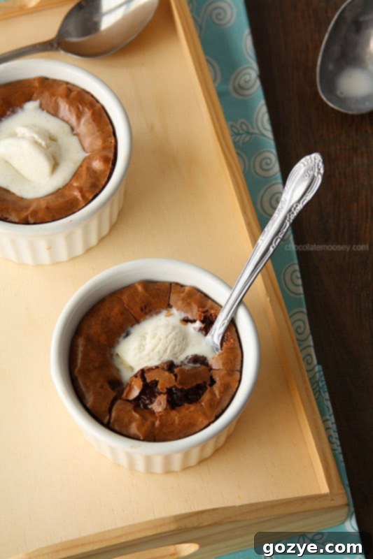 Two perfectly baked fudgy brownies, presented elegantly in white ramekins.