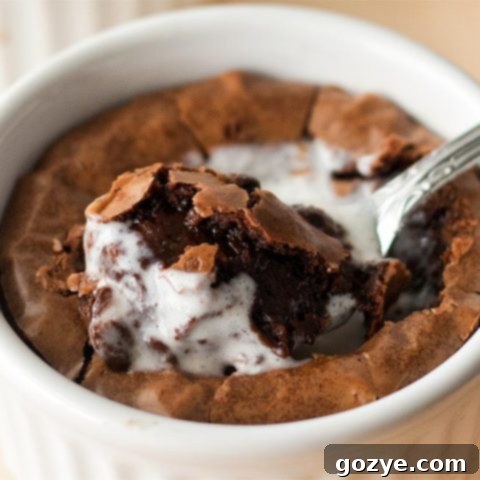 Close-up of a deep dish brownie in a white ramekin with a spoon, showing its fudgy center, representing the deliciousness of Brownies For Two.