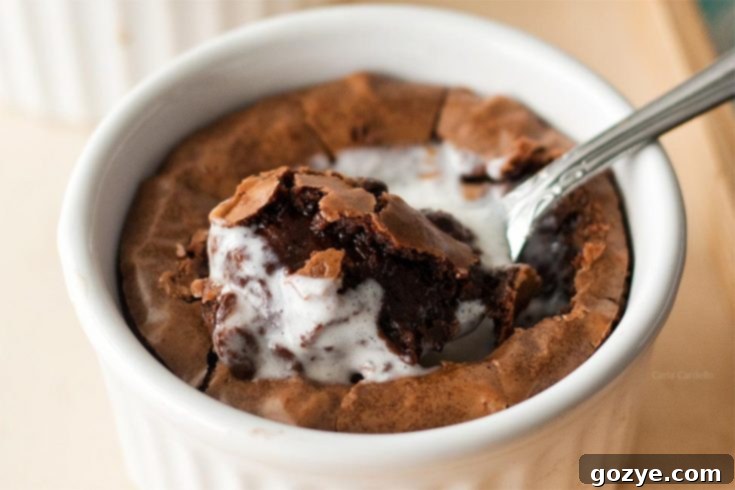 Two deep dish fudgy brownies in white ramekins, served with vanilla ice cream, perfect for a romantic dessert.
