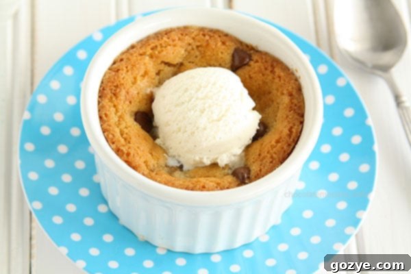 Single Chocolate Chip Cookie in ramekin with a generous scoop of melting vanilla ice cream on top, ready to be eaten