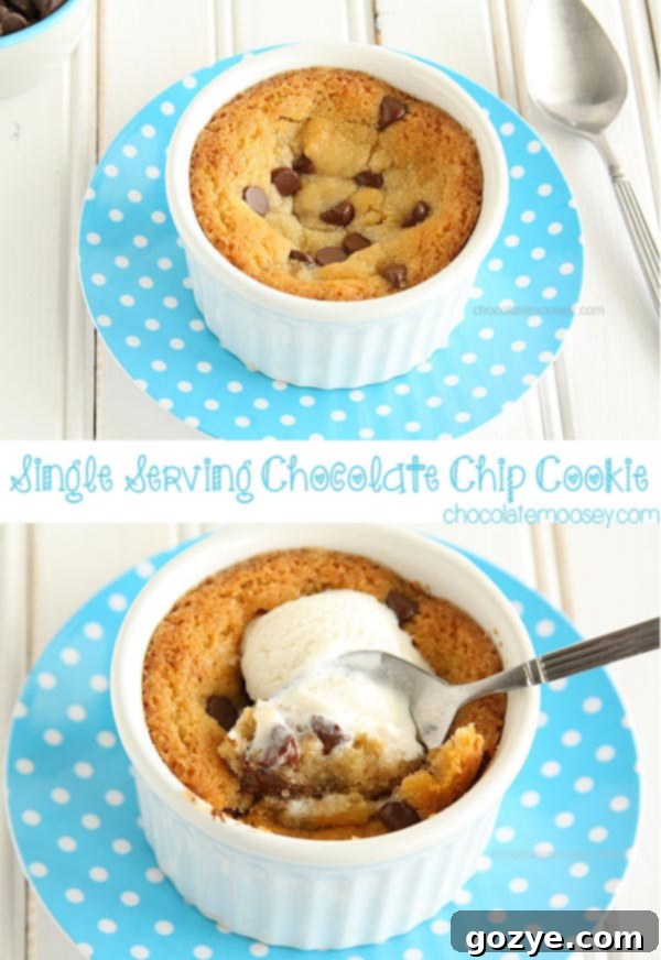Collage of Single Serve Chocolate Chip Cookie images, showcasing the cookie at various stages and with different toppings