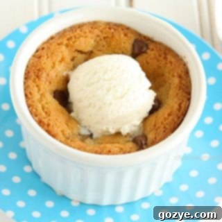 Single Serve Chocolate Chip Cookie in a ramekin with ice cream on top, ready to be enjoyed