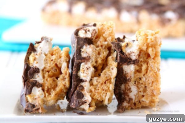 A piece of S'mores Rice Crispy Treat Bark, showing its thick profile and delicious layers.