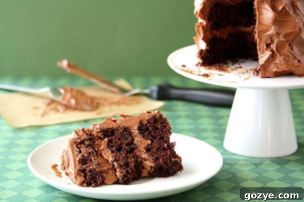 A slice of Mini Chocolate Guinness Cake showing its three moist layers and creamy Bailey's Ganache Frosting