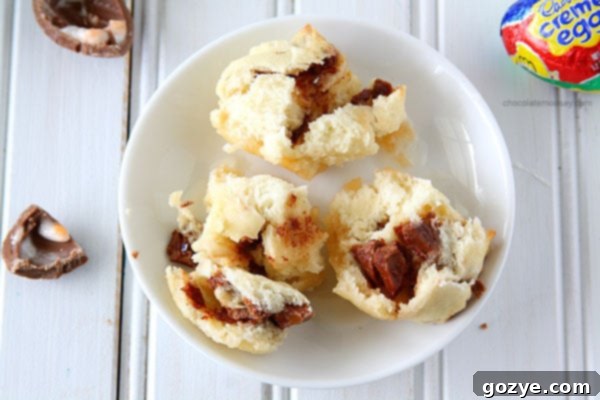 The delicious interior of a Cadbury Creme Egg Pull Apart Sweet Roll with melted creme