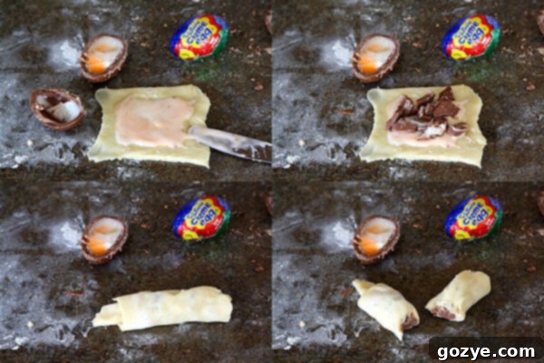 Preparation step: Cadbury Creme Egg fondant cream and chopped chocolate spread on dough squares
