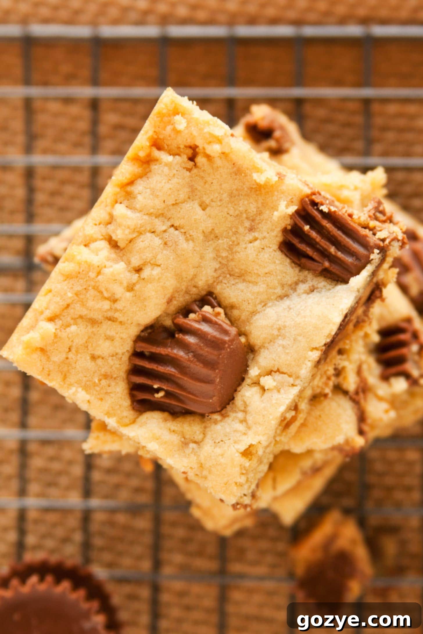 Close up of peanut butter bars with visible peanut butter cups