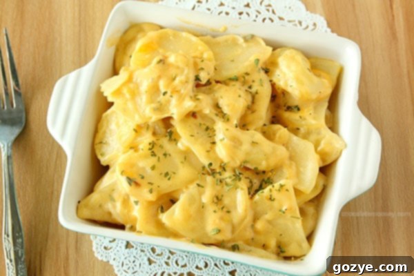 Close Up Of Scalloped Potatoes in Casserole Dish