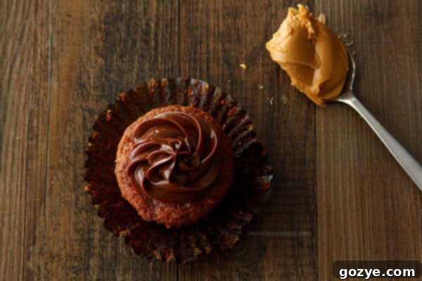 Close-up of Roasted Banana Cupcakes with Peanut Butter Ganache Frosting