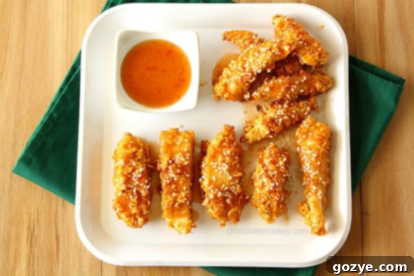 Crispy Baked General Tso's Sweet Chili Chicken Strips | www.chocolatemoosey.com