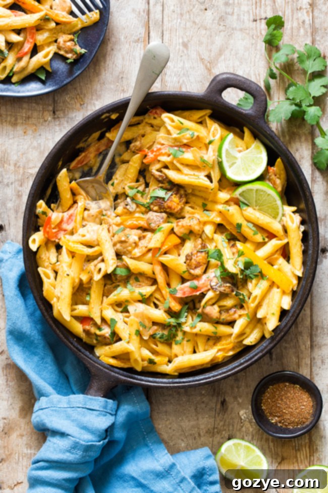 Creamy Chicken Fajita Pasta in a bowl with a spoon, highlighting the rich sauce and ingredients