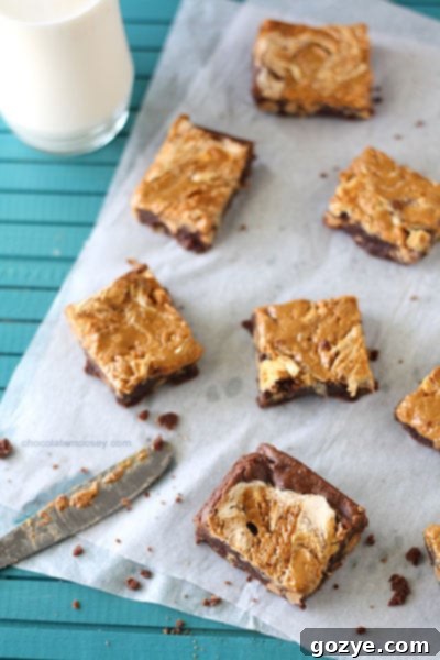 Homemade Small Batch Peanut Butter Swirl Brownies from scratch, showing the creamy swirl.