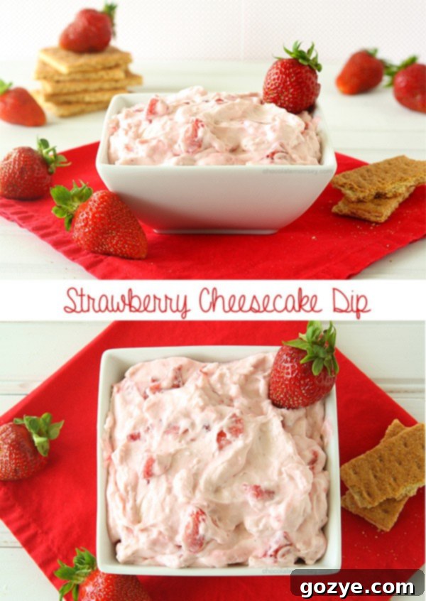 Collage of strawberry cheesecake dip photos