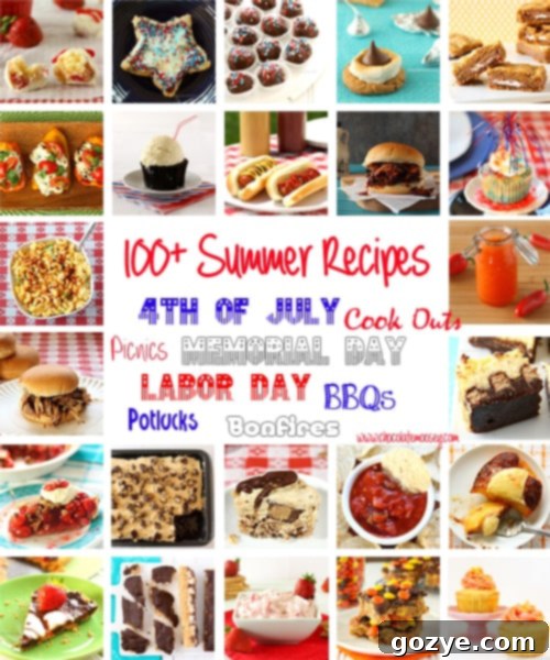 A vibrant display of over 100 summer recipes, including drinks, appetizers, main courses, and desserts, perfect for picnics and BBQs.