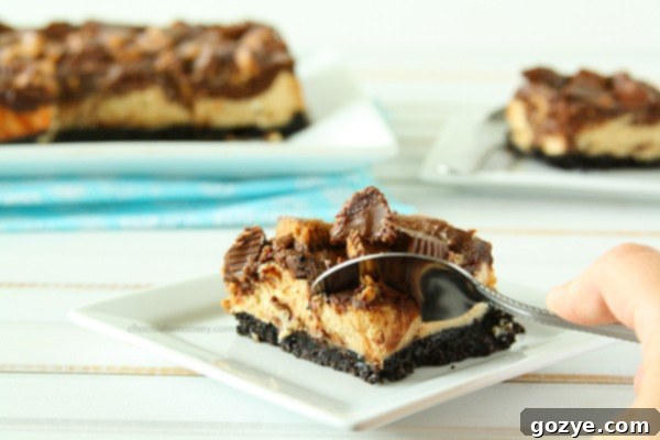 Two hands holding a single Chocolate Peanut Butter Cup Cheesecake Square | www.chocolatemoosey.com