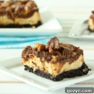 Chocolate Peanut Butter Cup Cheesecake Squares ready to serve