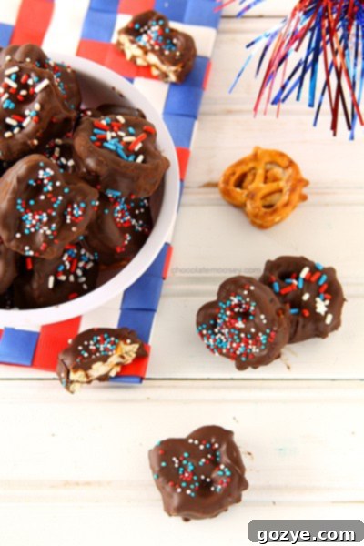Close-up of Patriotic Pretzel Smores showing marshmallow and chocolate