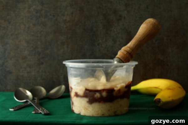 No-Churn Banana Fudge Ice Cream in a freezer-safe container with an ice cream scoop, showing the creamy texture and fudge swirl