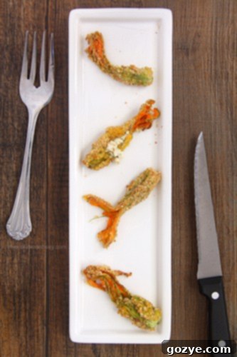 Goat Cheese Stuffed Squash Blossoms, beautifully presented | chocolatemoosey.com