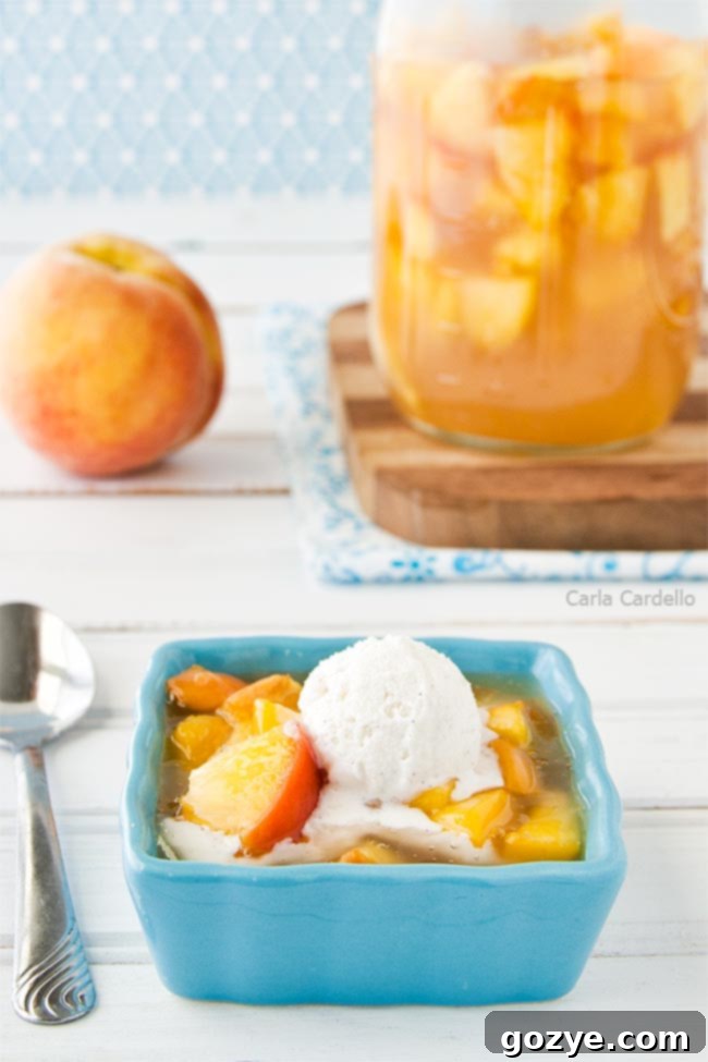 Slice of peach pie with a scoop of vanilla ice cream and a spoonful of peach pie filling on top