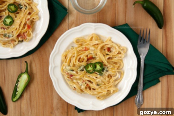 Close-up of Jalapeno Popper Fettuccine Alfredo pasta