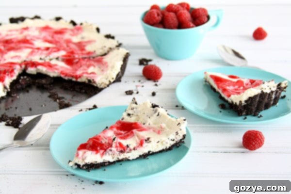 Close-up of a creamy Raspberry Swirl Cheesecake Tart, highlighting the vibrant raspberry curd pattern.