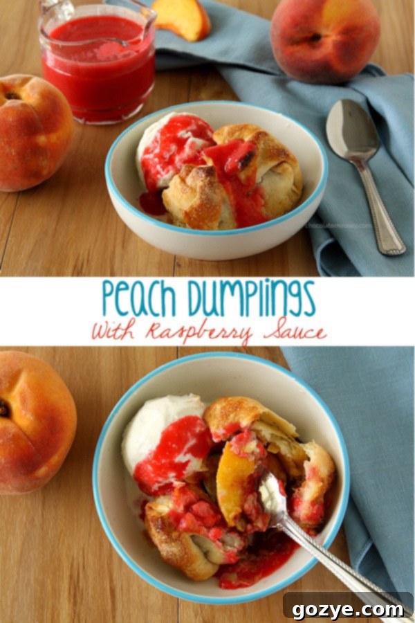Golden brown Peach Dumplings topped with white vanilla ice cream and bright red raspberry sauce