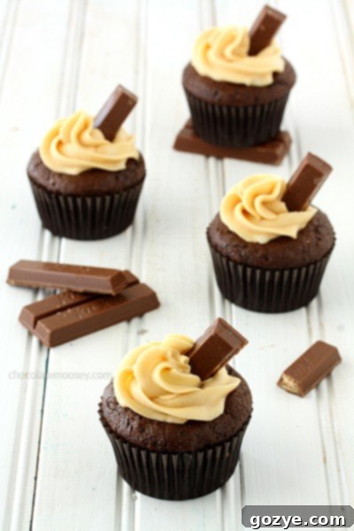 Kit Kat Cupcakes With Caramel Buttercream Frosting, beautifully frosted and garnished