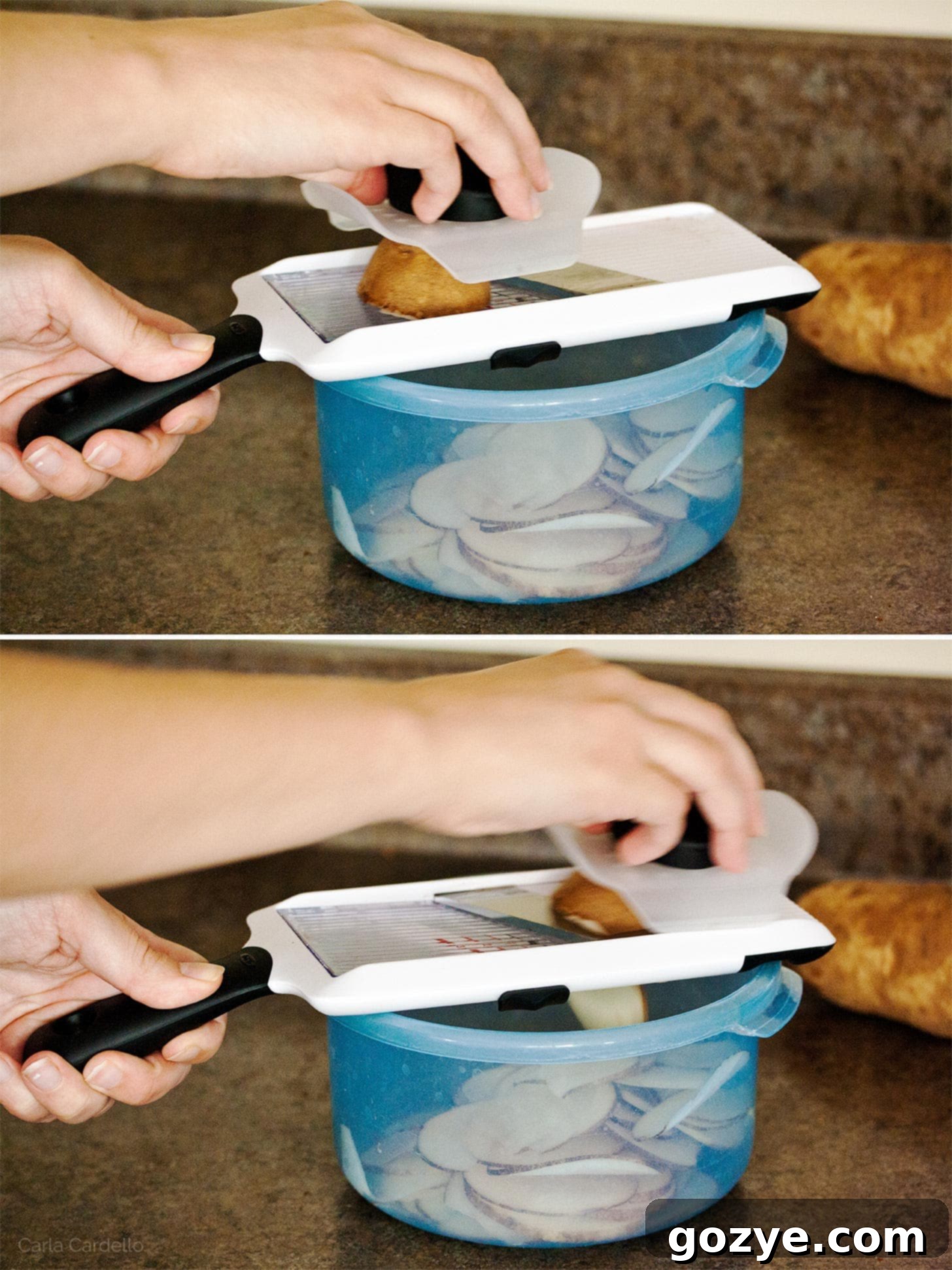 Homemade Zesty Salt and Vinegar Chips 4 Using handheld mandoline to make homemade salt and vinegar chips