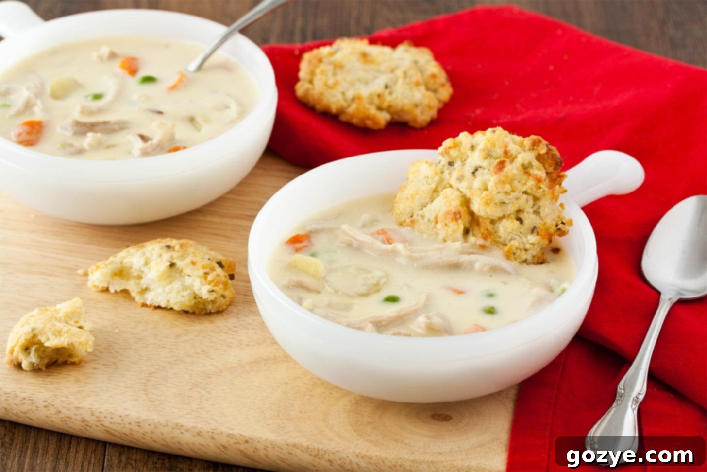 Serving of creamy Chicken Pot Pie Soup in a white bowl, garnished beautifully