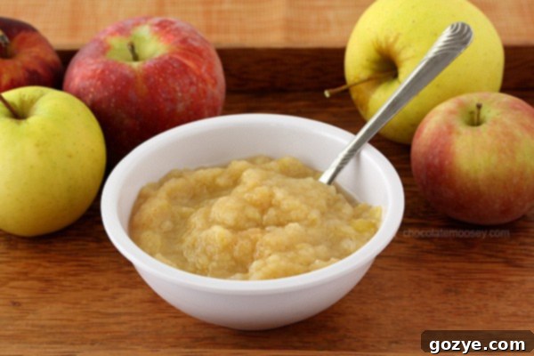 Close-up of a bowl of homemade applesauce with a spoon