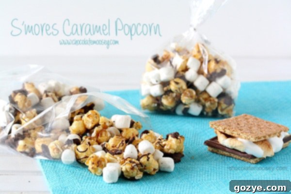 S'mores Popcorn 2 Delicious S'mores Caramel Popcorn ready to be served on a white platter