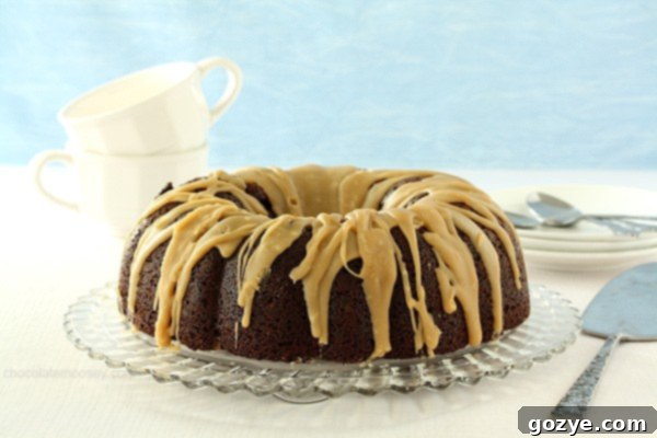A perfectly unmolded Double Chocolate Espresso Bundt Cake, showcasing its beautiful fluted design.