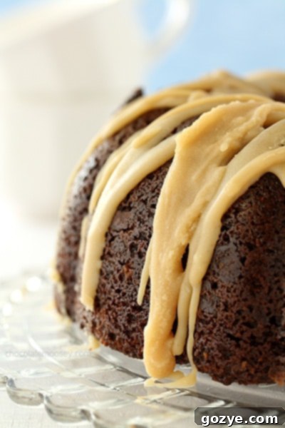 A perfectly baked slice of Double Chocolate Espresso Bundt Cake, showcasing its moist interior and chocolate chips.