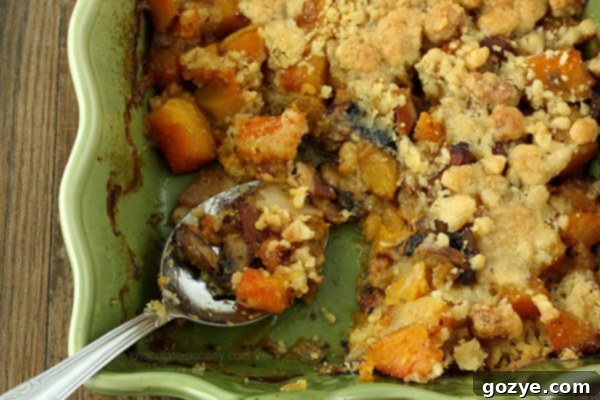 Close-up of golden brown walnut streusel on Butternut Squash Crumble