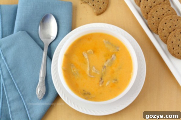 Cheesy Buffalo Chicken Soup in a bowl with a spoon, showing its creamy texture and bits of chicken.