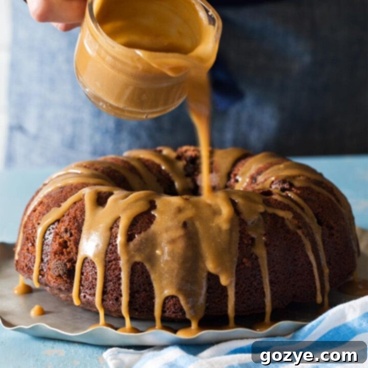 Drizzling caramel glaze over chocolate bundt cake, a delicious and easy dessert topping