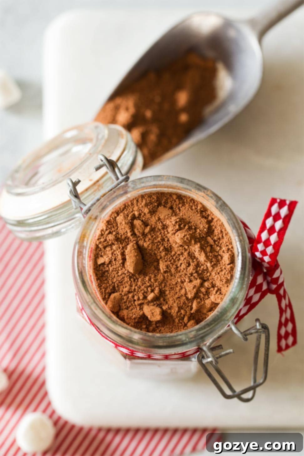 Overhead shot of hot cocoa mix in a jar