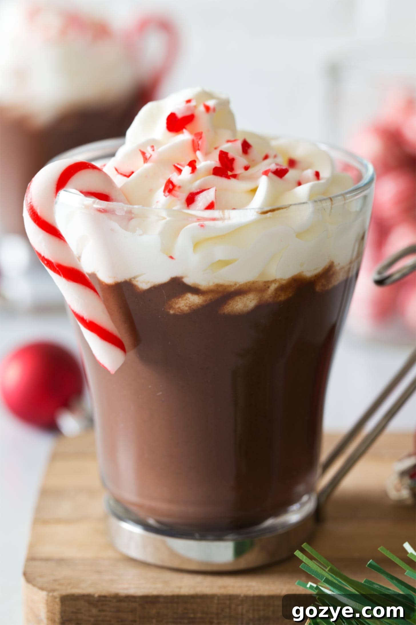 A close-up shot of a glass filled with homemade Peppermint Hot Chocolate