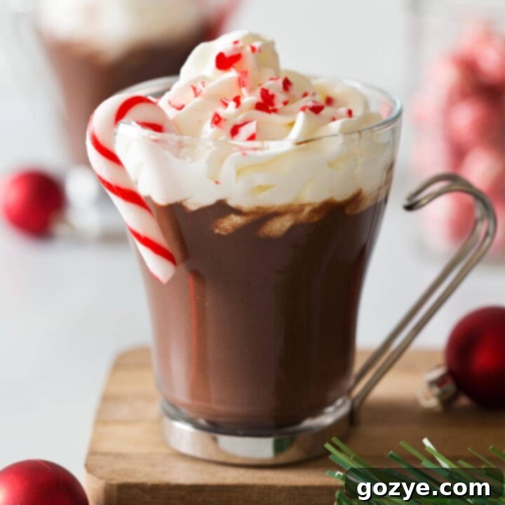 A final photo of the peppermint hot chocolate in a glass