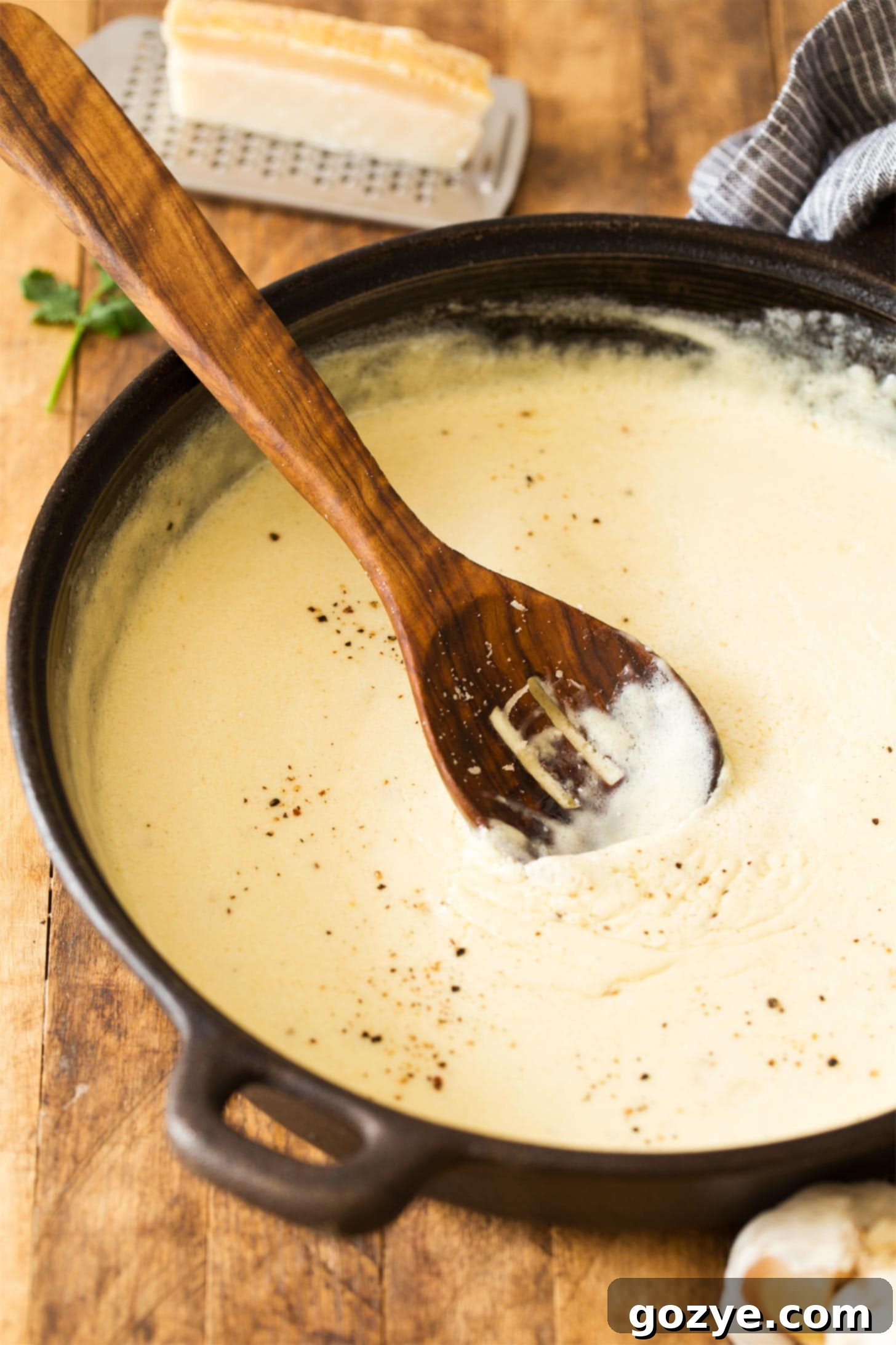 A close-up shot of classic alfredo sauce recipe with garlic and onion, showing the creamy texture and visible specks of garlic and onion.