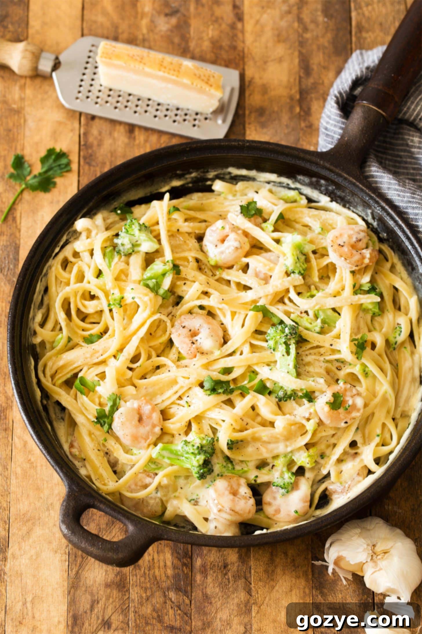 Shrimp Alfredo recipe made in cast iron skillet