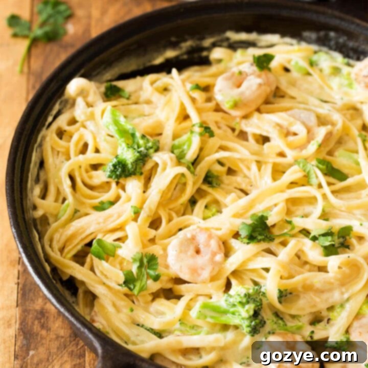 Shrimp Fettuccine Alfredo served from skillet
